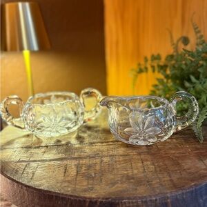Vintage Heavy Lead Crystal  Creamer & Sugar Set Grey Cut Floral Pattern